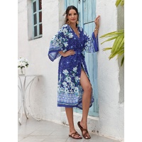 Blue Women's Lightweight Beach Cardigan-Floral Print Kimono thumbnail