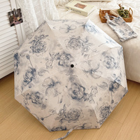 Haze Blue Flowers Mini 5-Fold Umbrella - Portable, Anti-UV, Black Glue Coating thumbnail