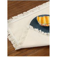 4 PCS Beige Cotton Linen Placemat with Fringe - Solid Color Table Mat for Dining (30x30cm) thumbnail