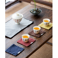 Brown Chinese Style Linen Coasters - Set of 5, Hand-Embroidered Tea Mats (9x9cm) thumbnail