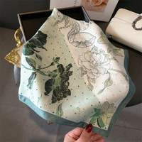 Green Pure Silk Scarf - Elegant Flower Design, Square Handkerchief (Style 3) thumbnail