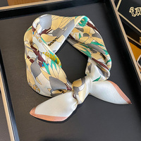 Yellow Pure Silk Scarf - Elegant Flower Design, Square Handkerchief (Style 4) thumbnail