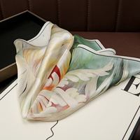 Green+White Pure Silk Scarf - Elegant Flower Design, Square Handkerchief (Style 5) thumbnail