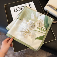 Green Pure Silk Scarf - Elegant Flower Design, Square Handkerchief (Style 6) thumbnail