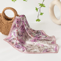 Purple Pure Silk Scarf - Elegant Flower Design, Square Handkerchief (Style 7) thumbnail