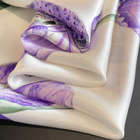 Purple Pure Silk Scarf - Elegant Flower Design, Square Handkerchief (Style 9) thumbnail