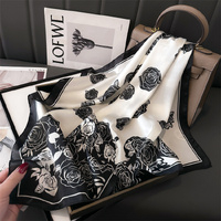 Black Pure Silk Scarf - Elegant Flower Design, Square Handkerchief (Style 10) thumbnail