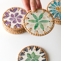 (Green Leaf Pattern) Set of 5 Rattan & Shell Coasters - Decorative & Heat Resistant thumbnail
