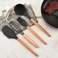 Light Green And Brown 12-Piece Silicone Kitchen Utensil Set - Non-Stick Food-Grade Silicone Cooking Tools with Wooden Handles and Holder thumbnail