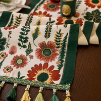 35x140cm Green Pastoral Table Runner - Spring Floral Oil Painting Style with Tassels thumbnail