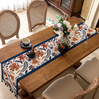 35x240cm Blue Pastoral Table Runner - Spring Floral Oil Painting Style with Tassels thumbnail
