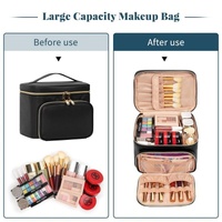 Black Portable Travel Makeup Bag with Brush Compartment - Stylish PU Leather Cosmetic Organizer for Skincare and Toiletry Storage thumbnail