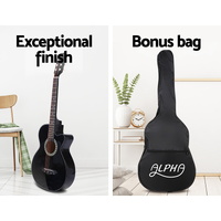 Alpha 38 Inch Acoustic Guitar Wooden Body Steel String Full Size w/ Stand Black thumbnail