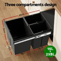Cefito Pull Out Bin Kitchen Triple Slide Garbage Rubbish Bins Basket Blcak 31L thumbnail