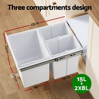 Cefito Pull Out Bin Kitchen Triple Slide Garbage Rubbish Bins Basket White 31L thumbnail