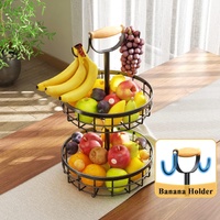 2-Tier Fruit Basket Bowl Storage with Wood Lift Handle and Dual Banana Tree Hanger for Kitchen Countertop thumbnail