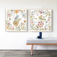 Wall Art 90cmx90cm Floral birds 2 Sets Gold Frame Canvas thumbnail