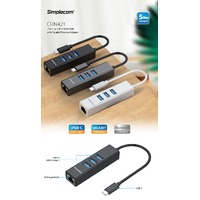 Simplecom CHN421 Aluminium USB-C to 3 Port USB HUB with Gigabit Ethernet Adapter Black thumbnail