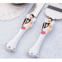 Bride Groom Cake Server Set Wedding Cake Knife and Silver Blade Server Set Boxed - Bride Groom Handles thumbnail