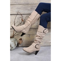 Beige Dual Buckle Strap Side Zip Heeled Mid Calf Boots - 41 EU thumbnail