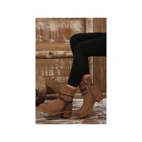 Chestnut Suede Woven Lace-up Strap Side Zip Boots - 37 EU thumbnail