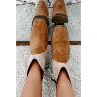 Camel Two Tone Faux Suede Square Toe Chunky Heel Boots - 37 EU thumbnail