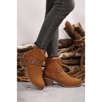 Chestnut Eyelet Buckled Chunky Heel Faux Leather Ankle Boots - 40 EU thumbnail