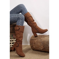 Coffee Suede Double Buckled Side Zipped Mid-calf Boots - 41 EU thumbnail