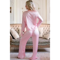 Light Pink Satin Knot Accent Shirt and Ruffled Pants Lounge Set - L thumbnail