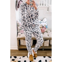 Khaki Leopard Print Drawstring Hoodie and Skinny Pants Lounge Set - L thumbnail