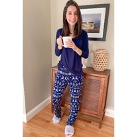 Blue Solid Top and Christmas Pants Two Piece Lounge Set - M thumbnail