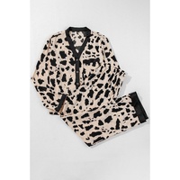 Khaki Cheetah Contrast Trim Loose Fit Two Piece Sleepwear - S thumbnail