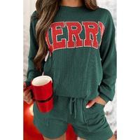 Evergreen Corded MERRY Graphic Long Sleeve Top and Shorts Set - S thumbnail