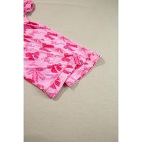 Pink Bow Knot Print Lapel Collar Short Sleeve and Pants Pajamas Set - L thumbnail