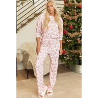 Pink Santa Claus Striped Print Loose Fit Two Piece Lounge Set - 2XL thumbnail