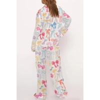 White Bow Knot Print Lapel Collar Wide Leg Satin Pajama Set - L thumbnail