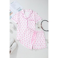 Pink Bowknot Printed Short Sleeve and Ruffled Shorts Valentines Pajama Set - L thumbnail