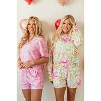 Pink Waffle Knit Bowknot Printed V Neck T Shirt and Shorts Set - S thumbnail