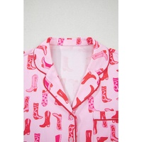 Pink Western Cowgirl Boots Printed Shirt Ruffled Shorts Pajama Set - L thumbnail