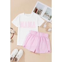 White MAMA Printed Tee and Plaid Shorts Lounge Set - S thumbnail