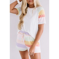 White Rainbow Striped T Shirt and Shorts Set - L thumbnail