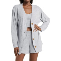 Light Grey 3 Pieces Rib Crop Camisole Matching Shorts Lounge Set with Cardigan - M thumbnail