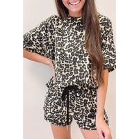 Black Cheetah Printed Casual Tee and Shorts Lounge Set - L thumbnail