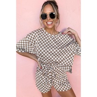 Brown Checkered Top and Short Casual 2pcs Set - XL thumbnail