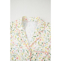 White Floral Print Contrast Pipping Short Pajamas Set - M thumbnail