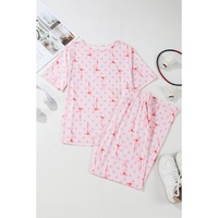 Pink Bow Knot Polka Dot Print Short Sleeve Top Lounge Set - M thumbnail