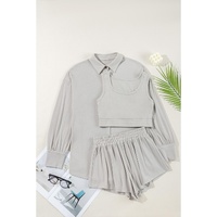 Gray 3 Pcs Crop Tank Top Shorts with Cardigan Lounge Set - S thumbnail