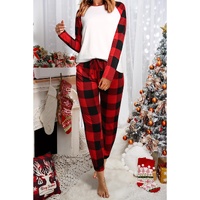 Red Plaid Raglan Sleeves Top and Drawstring Pants Lounge Set - M thumbnail