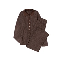 Brown Ribbed Knit Collared Henley Top and Pants Lounge Outfit - S thumbnail