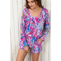 Purple Floral Long Sleeve Top and Drawstring Shorts Set - L thumbnail
